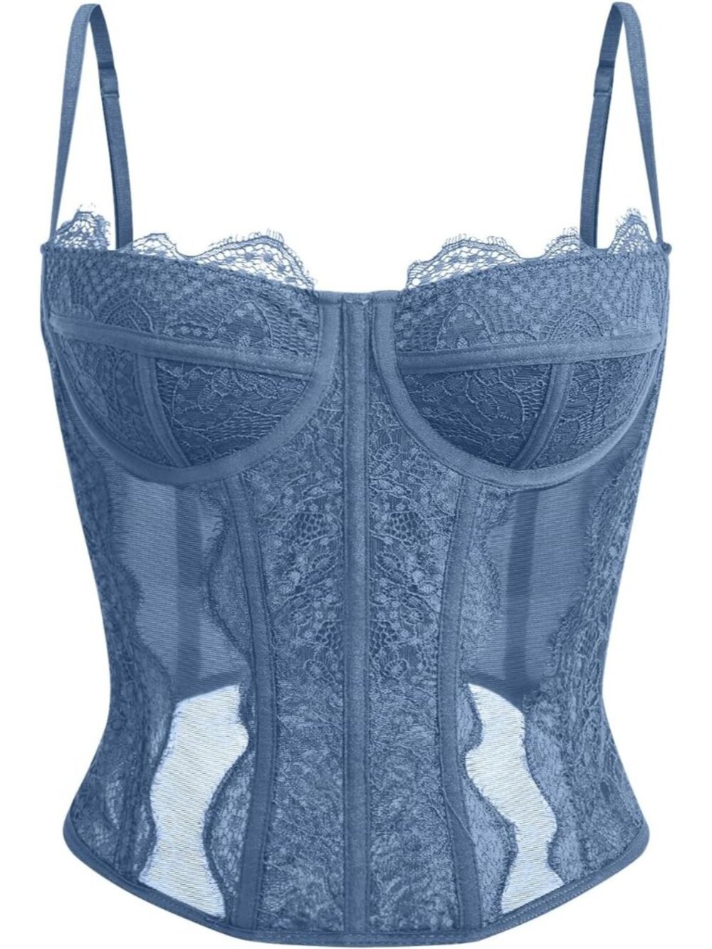 Women's Blue Boned Lace Mesh Underwire Bustier Spaghetti Strap Corset Tank Top